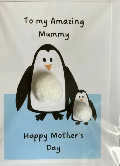 Amazing Mummy penguin. Mothers Day - Pom Pom greeting card
