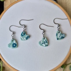 Blue Leaf Print Heart Dangle Earrings