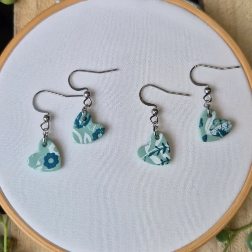 Blue Leaf Print Heart Dangle Earrings