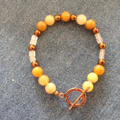 Bracelet with Yellow Jade, Copper Hematite and Clear Quartz, Pure Copp