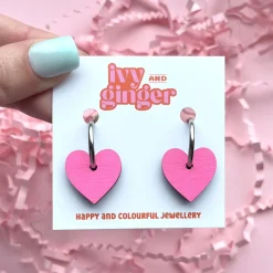 Bright Pink Heart Shaped Hoop Earrings