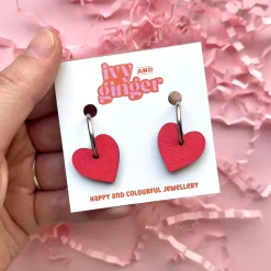Bright Red Small Heart Hoop Earrings
