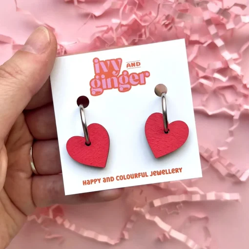 Bright Red Small Heart Hoop Earrings