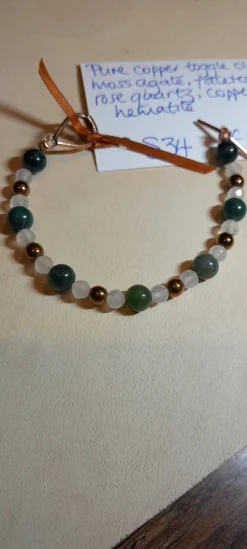 Copper Clasp Bracelet, with Moss Agate, Rose Quartz and Copper Hematit