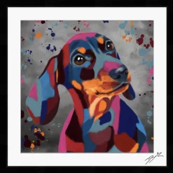 DACHSHUND DOG COLOUR SPLASH FRAMED ARTWORK.