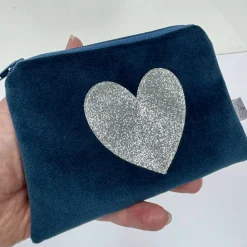 Dusty Blue Velvet Purse with a Silver Sparkle Heart