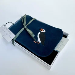 Embroidered Velvet Purse in a Gift Box - Puffin