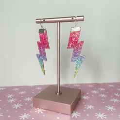 Flash Lightning Bolt Earrings in Rainbow Glitter