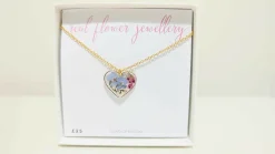 Forget Me Not, Heather and Lace Flower Gold Plated Heart Necklace