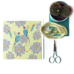 Green Flying Birds & Flowers Greetings Card