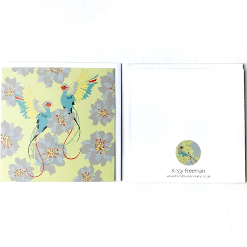 Green Flying Birds & Flowers Greetings Card