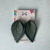 Green Lace Print Pinched Leaf Shaped Earrings in Faux Leather