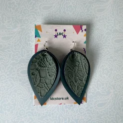 Green Lace Print Pinched Leaf Shaped Earrings in Faux Leather
