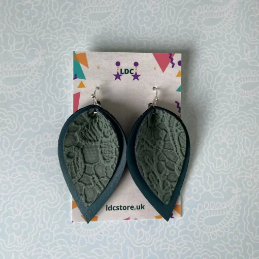 Green Lace Print Pinched Leaf Shaped Earrings in Faux Leather