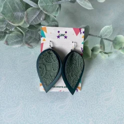 Green Lace Print Pinched Leaf Shaped Earrings in Faux Leather
