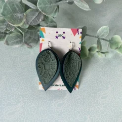 Green Lace Print Pinched Leaf Shaped Earrings in Faux Leather