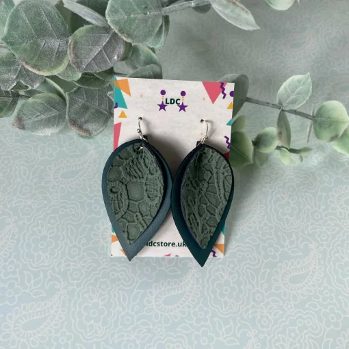Green Lace Print Pinched Leaf Shaped Earrings in Faux Leather