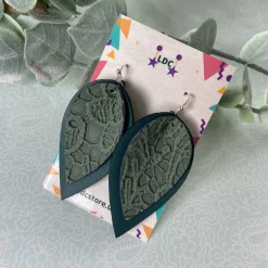 Green Lace Print Pinched Leaf Shaped Earrings in Faux Leather