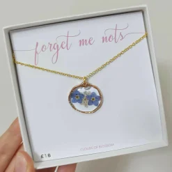 Hammered Gold bezel with White Queen Anne’s Lace and Forget Me Nots Ne