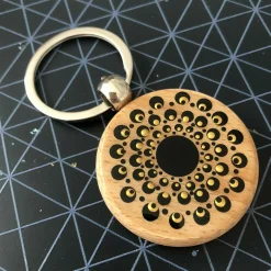 Hand Painted Dot Mandala Wooden Key Ring: Ebony Black with Gold