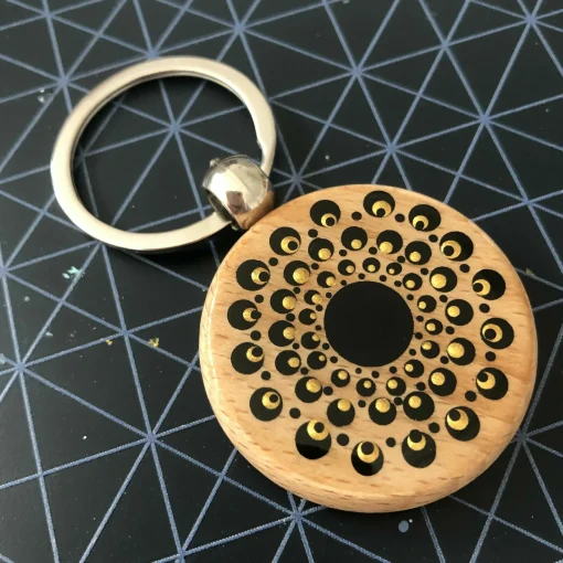Hand Painted Dot Mandala Wooden Key Ring: Ebony Black with Gold