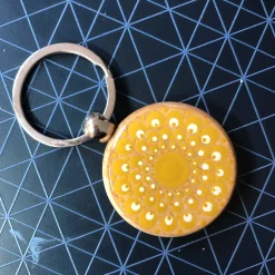 Hand Painted Dot Mandala Wooden Key Ring: True Ochre with White