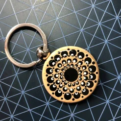 Hand Painted Dot Mandala Wooden Key Ring: Ebony Black with White