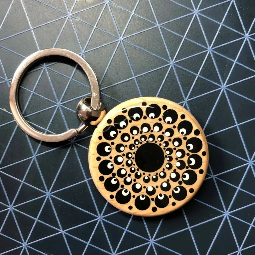 Hand Painted Dot Mandala Wooden Key Ring: Ebony Black with White