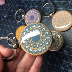 Hand Painted Dot Mandala Wooden Key Ring: True Ochre with White