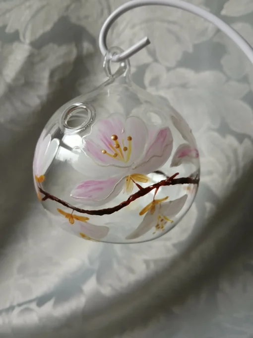 Hand Painted Glass Bauble with Cherry Blossom