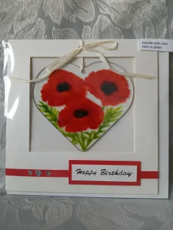 Hand Painted Glass Heart Suncatcher with Poppies
