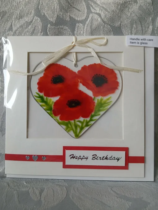 Hand Painted Glass Heart Suncatcher with Poppies