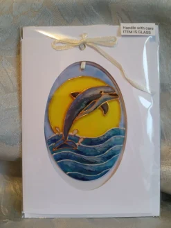 Hand Painted Glass Plaque, Suncatcher - Dolphin