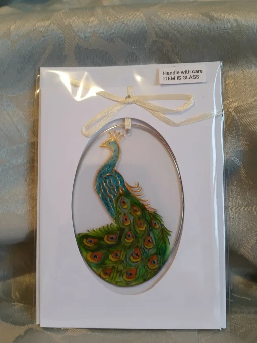 Hand Painted Glass Plaque/Suncatcher - Peacock