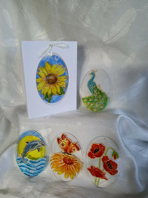 Hand Painted Glass Plaque, Suncatcher - Dolphin