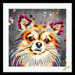 LONG HAIR CHIHUAHUA DOG COLOUR SPLASH FRAMED ARTWORK.