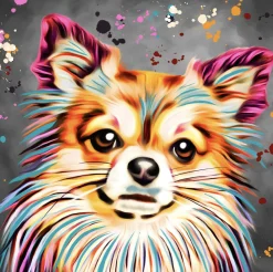 LONG HAIR CHIHUAHUA DOG COLOUR SPLASH FRAMED ARTWORK.