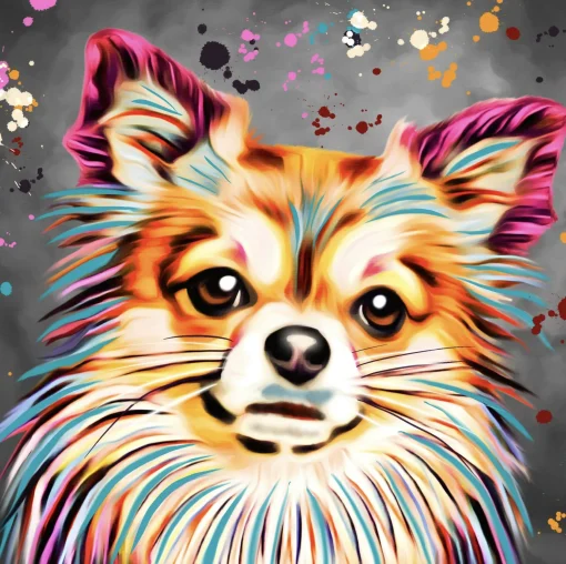 LONG HAIR CHIHUAHUA DOG COLOUR SPLASH FRAMED ARTWORK.