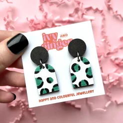 Metallic Green Leopard Print Arch Dangle Earrings
