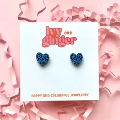 Mini Blue and Black Leopard Print Heart Studs