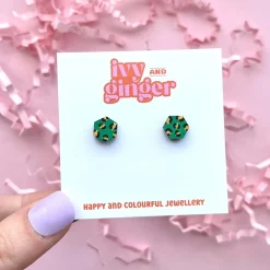 Mini Green and Gold Hexagon Leopard Print Stud Earrings
