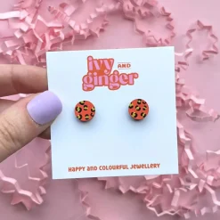 Mini Leopard Print Circle Stud Earrings Orange and Gold