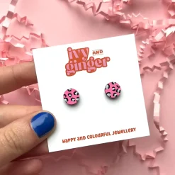 Mini Leopard Print Circle Stud Earrings in Bright Pink and Silver