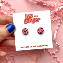 Mini Leopard Print Circle Stud Earrings in Bright Pink and Gold