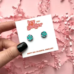 Mini Leopard Print Circle Green and Pink Stud Earrings