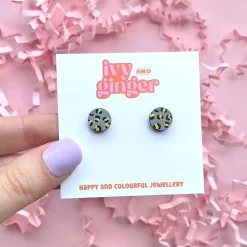 Mini Leopard Print Grey and Gold Circle Stud Earrings