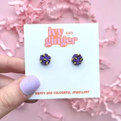 Mini Purple and Gold Hexagon Leopard Print Stud Earrings