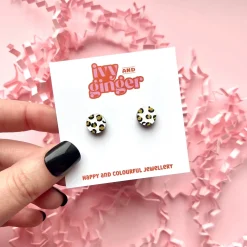 Mini White and Gold Circle Leopard Print Stud Earrings