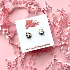 Mini White and Gold Circle Leopard Print Stud Earrings