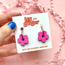 Neon Pink Flower Hoop Earrings